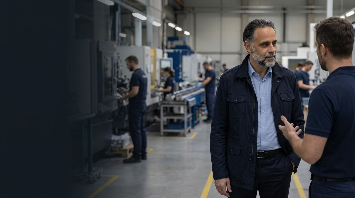 Hasan H. Hasic hört einem Mitarbeiter in einer aktiven Produktionshalle zu